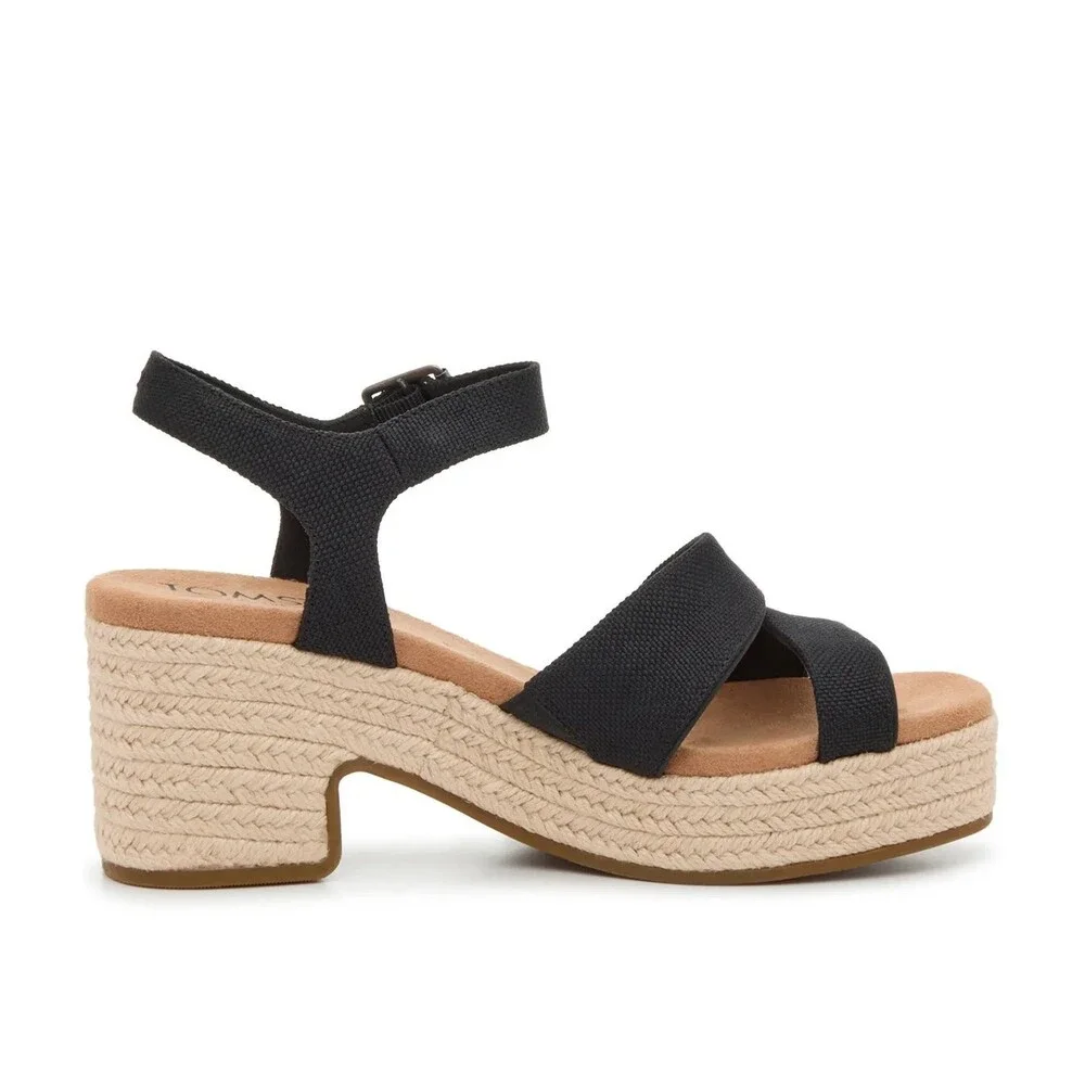 Toms Kiki Sandals Womans US 6.5 Black Ankle Strap Block Heel Espadrille HTAT1457